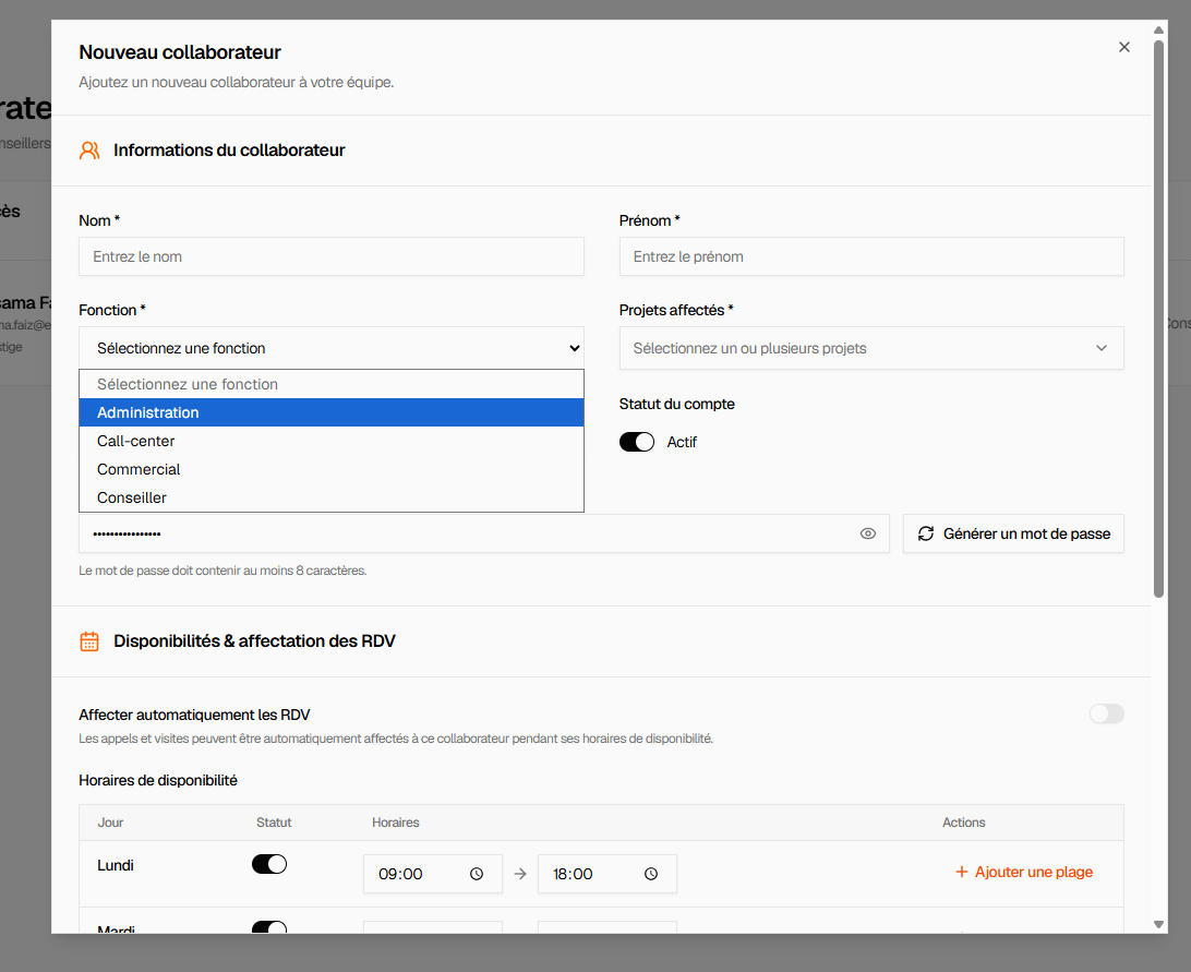 Formulaire Nouveau collaborateur : informations, fonction, projets affectés et statut du compte