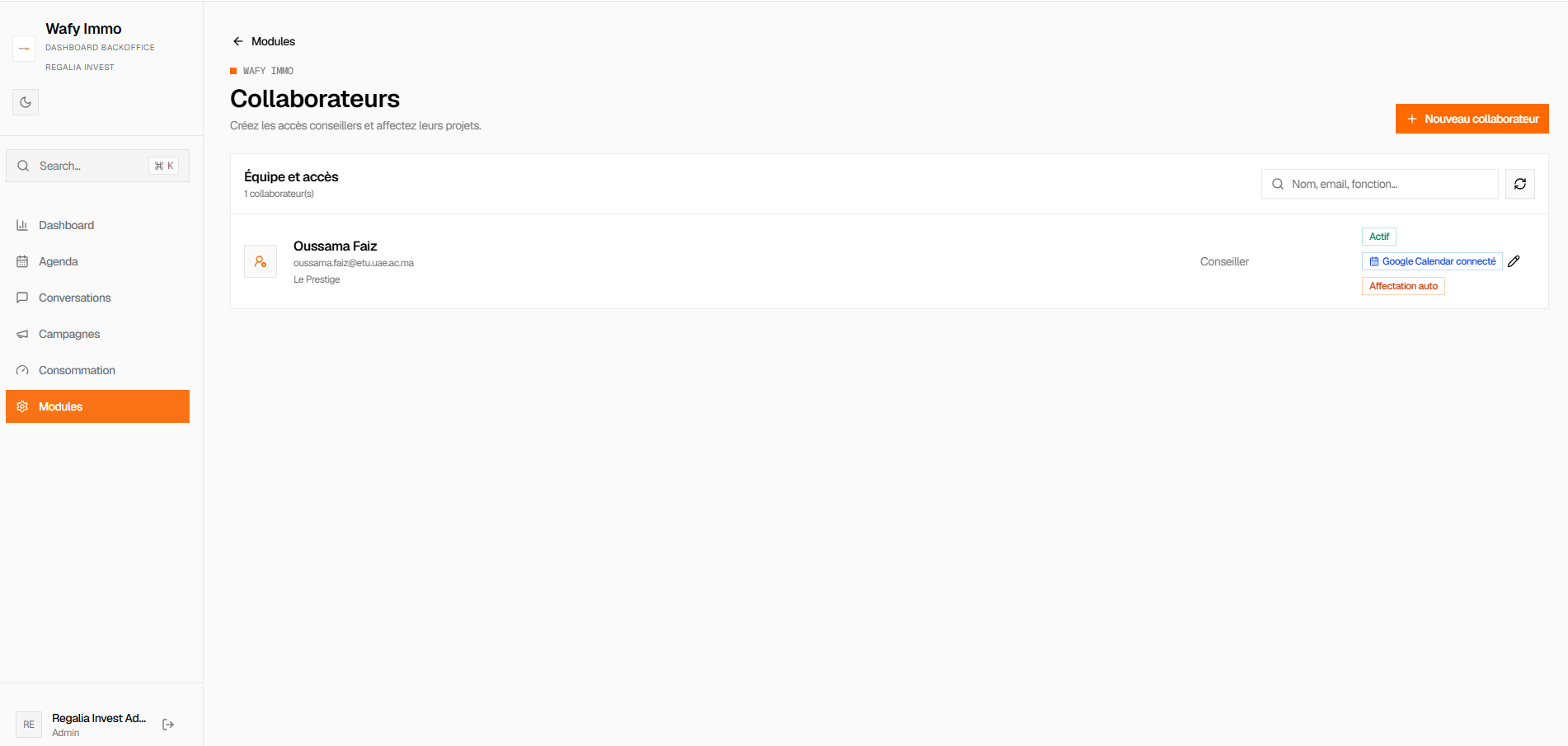 Module Collaborateurs : liste de l'équipe avec statut Actif, fonction et badge Google Calendar connecté