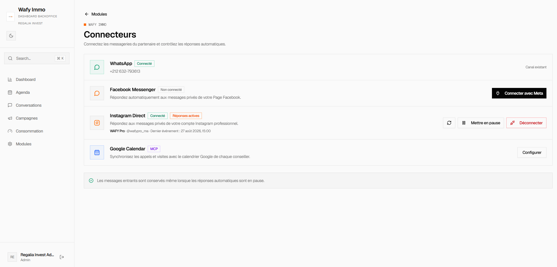 Module Connecteurs : WhatsApp, Facebook Messenger, Instagram Direct et Google Calendar avec leurs statuts de connexion