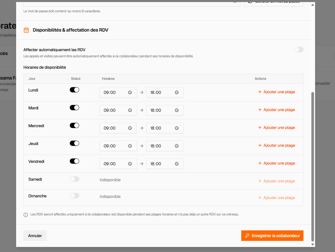 Disponibilités et affectation des RDV : horaires jour par jour et option d'affectation automatique