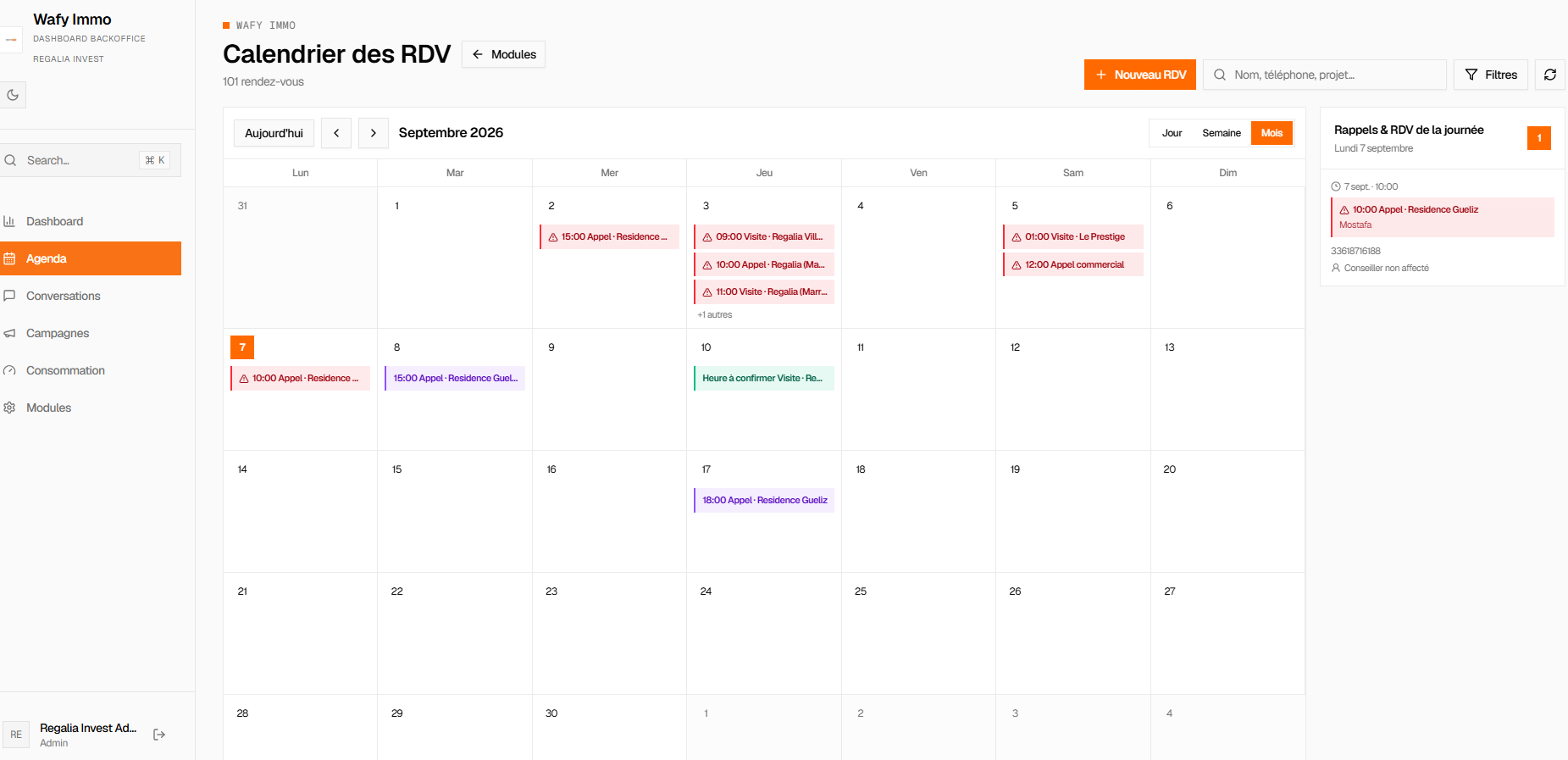 Module Agenda : calendrier mensuel des rendez-vous avec les rappels et RDV de la journée