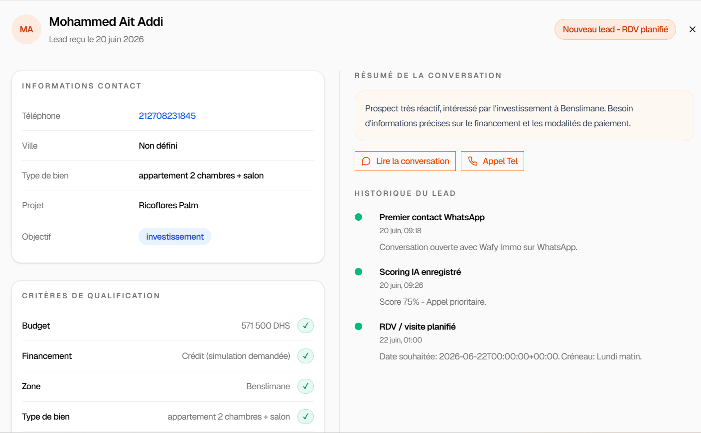 Fiche Lead : informations contact, critères de qualification, résumé de conversation et historique