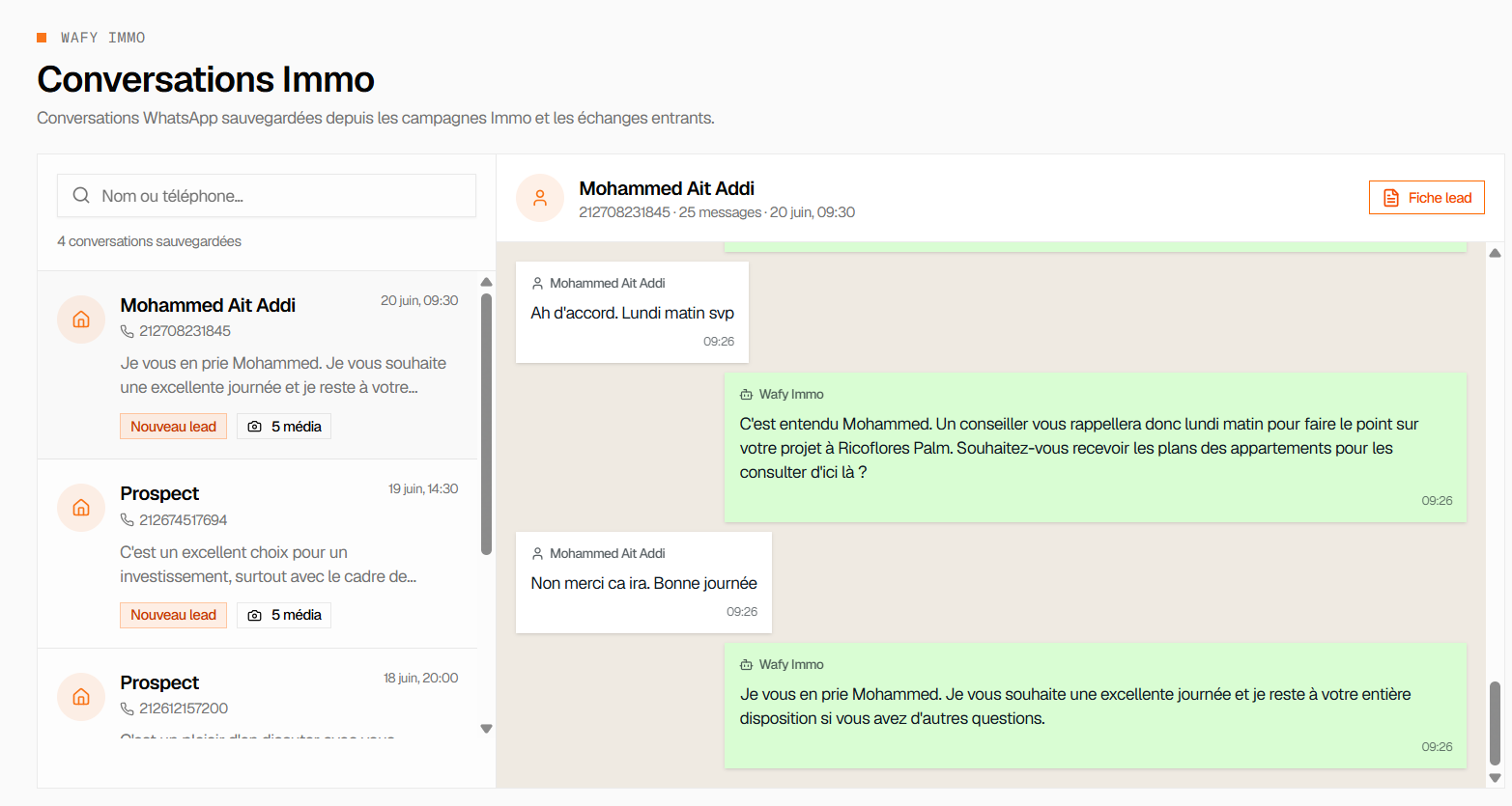 Module Conversations Immo : liste à gauche, fil WhatsApp à droite, bouton Fiche lead en haut à droite