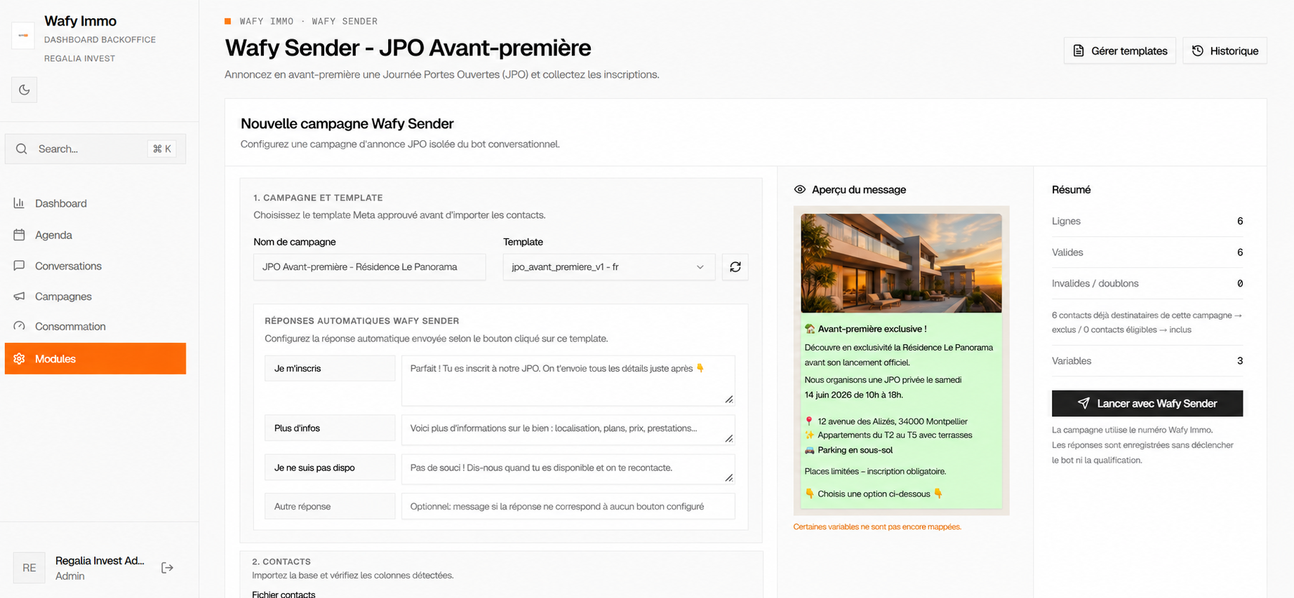 Écran de configuration d'une campagne Wafy Event : nom de campagne, template WhatsApp approuvé, réponses automatiques par bouton, aperçu du message et résumé des contacts