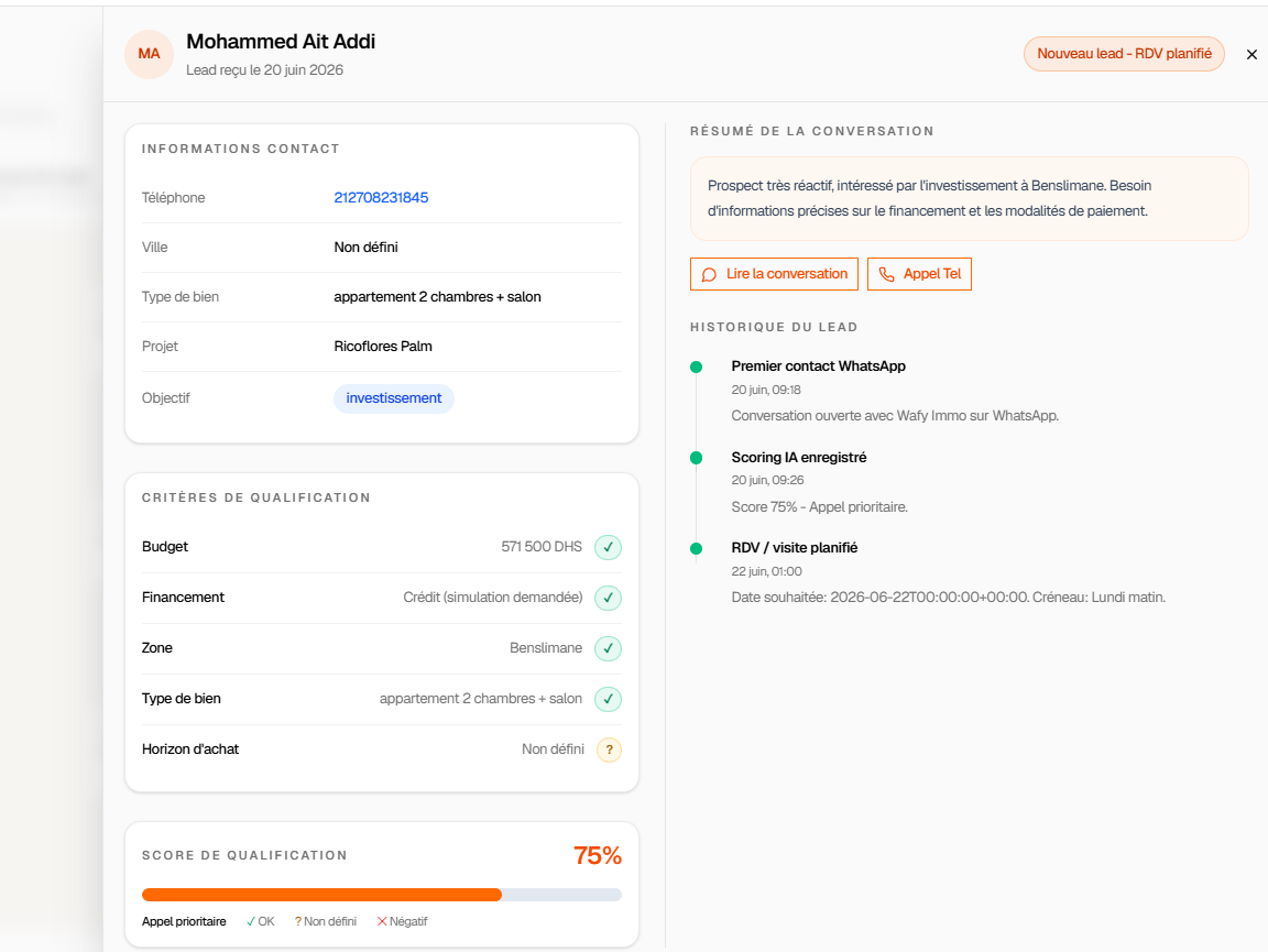 Fiche Lead complète : informations contact, résumé de conversation, critères de qualification, score et historique — vue depuis l'onglet Fiche lead